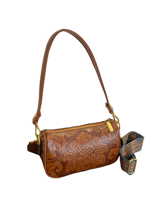 QWINEE Women's Western Purse Floral Zipper Tooled Leather Crossbody Bag Vintage Country Cowgirl Hobo Square Purse Brown One Size