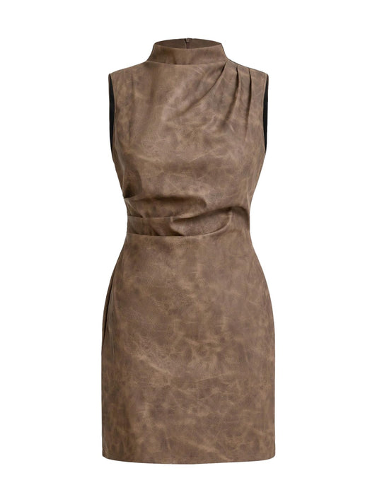 RoseSeek Women's PU Leather Ruched Bodycon Dresses Mock Neck Sleeveless Zipper Mini Tank Dress Mocha Brown Large