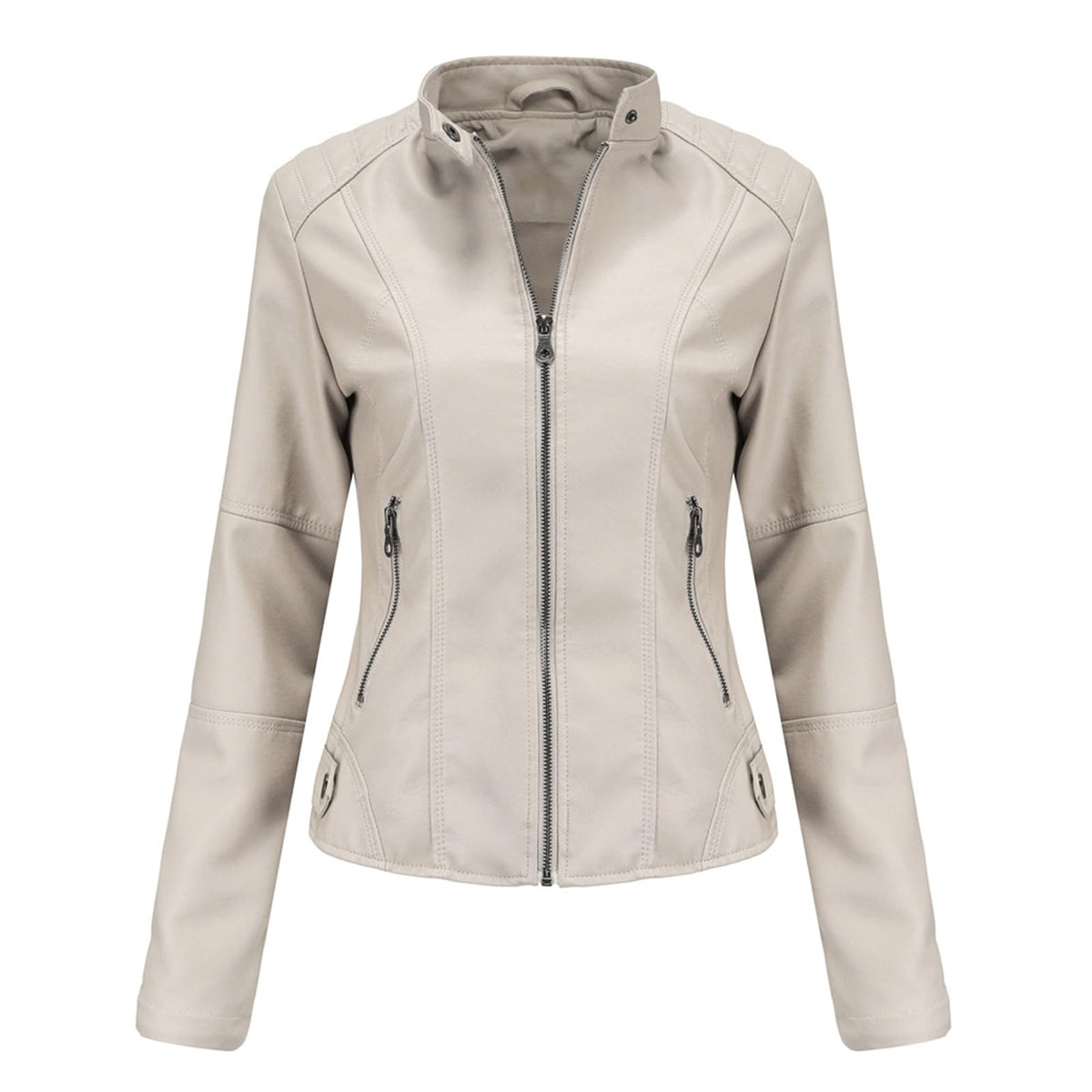 DEAR MODEL Faux Leather Jacket Women Bomber Jacket Women's Belted Motorcycle Jacket,Cream,M