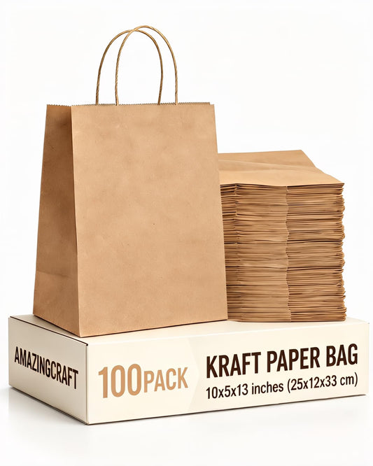 Amazingcraft 100-Pack Large Kraft Paper Bags 10"x5"x13" (25x13x33 cm), Brown with Handles, Ideal for Retail, Wedding Favors, Party Gifts, Boutiques, Bakeries, and Business Events
