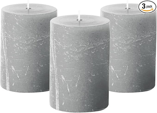 Simply Soson 3x4 inch Grey Pillar Candles Set of 3, Rustic Texture, Unscented Grey Candles, Dripless Candles, 3 inch Pillar Candles Ideal as Wedding, Parties, Spas, Dinner, Home Decoration, Church