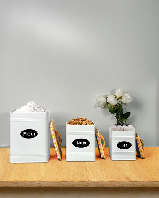 vensovo Kitchen Canister Set of 3 - Large 7 Qt Flour and Sugar Containers Airtight - White Metal Food Storage Jars with Bamboo Lids, Iron Spoon & Erasable Magnetic Labels, Farmhouse Decor for Pantry