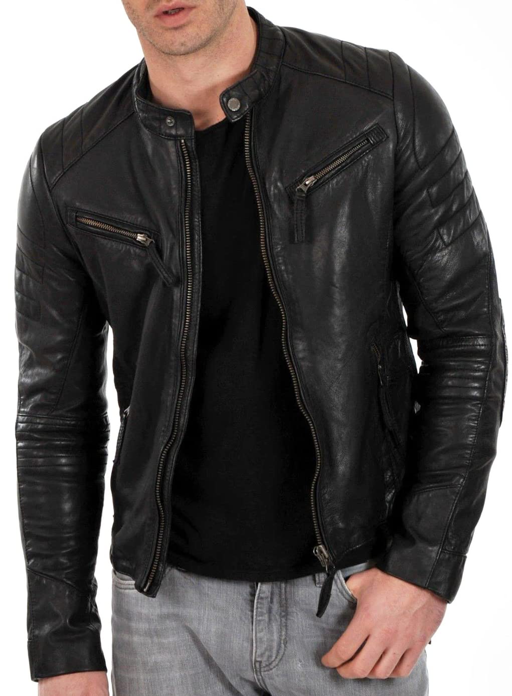 DECIMAL Men's Black & BROWN Genuine Lambskin Leather Biker Jacket VINTAGE REAL MOTORCYCLE JACKETS FOR MEN (L, BLACK)