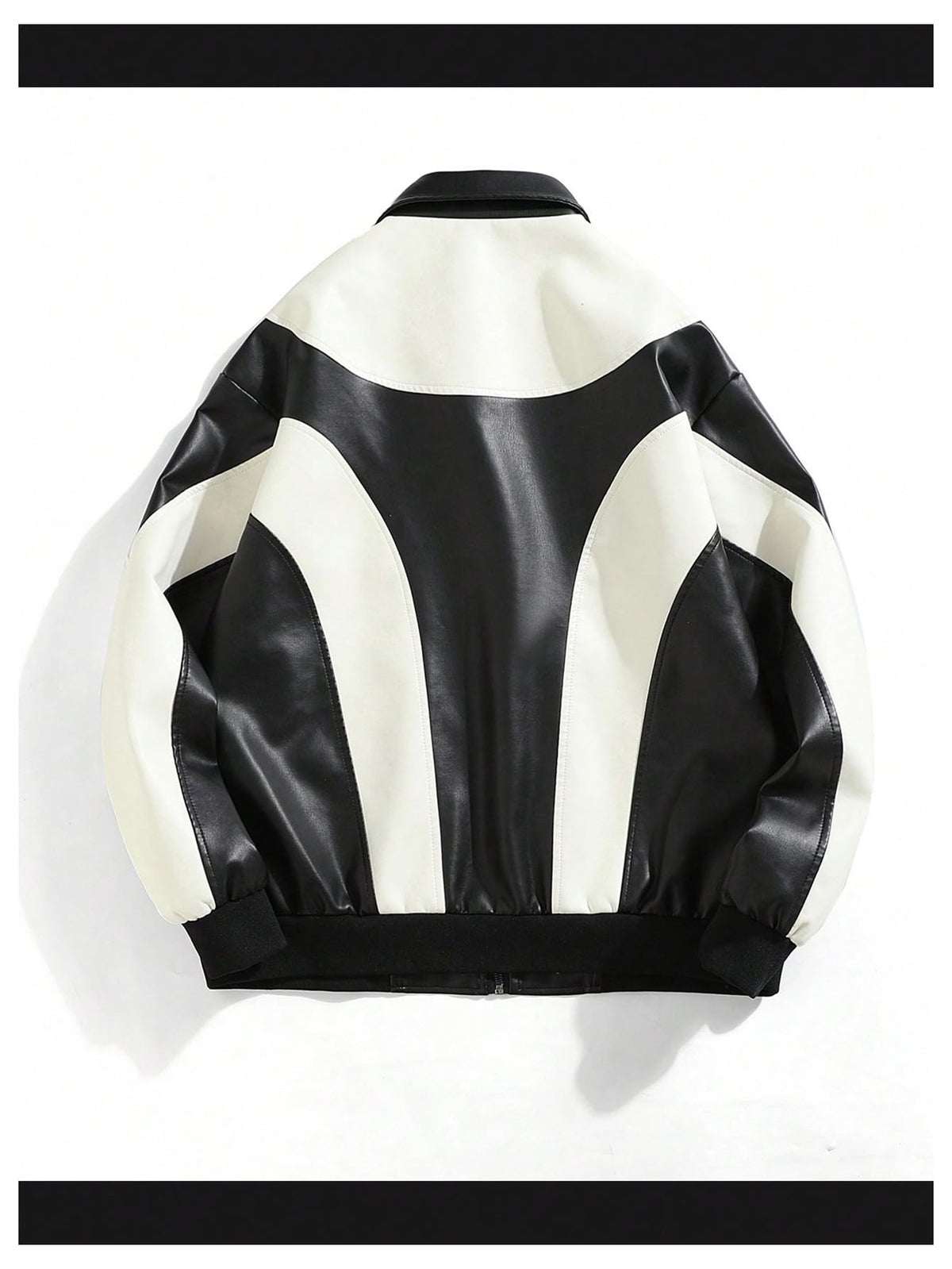 BEAUDRM Men's Y2k PU Leather Jacket Color Block Motorcycle Coat Zip Up Long Sleeve Outerwear with Pockets Streetwear Black and White X-Large