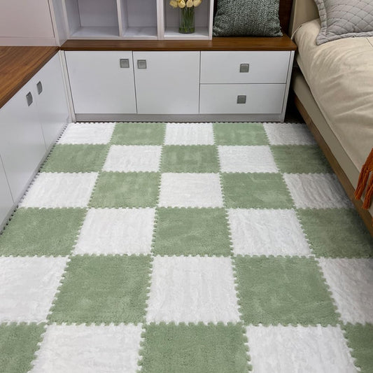 12Pcs Interlocking Carpet Tiles,12"x 12" Plush Interlocking Foam Carpet Tiles with Border,Fluffy Play Mat Floor Tiles Thick Padded Squares Foam Tiles for Playroom Decor (White+Green)