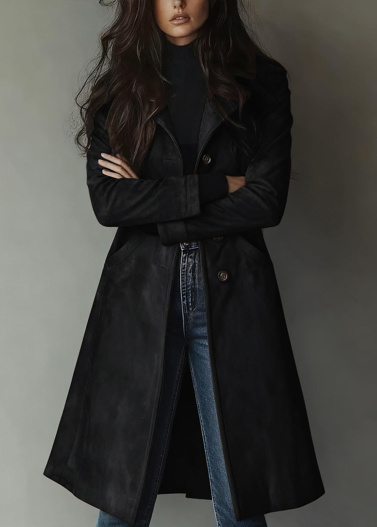 chouyatou Women's Fall Faux Suede Leather Trench Coat Casual Lapel Midi Long Dressy Blazer Jacket Coat with Pockets (X-Small, Black)
