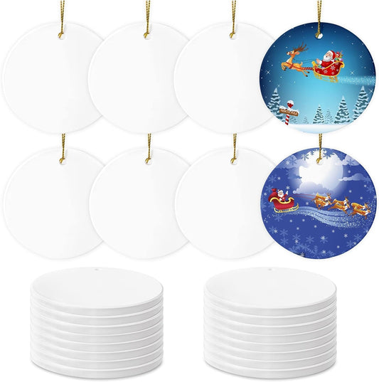 Sublimation Ceramic Ornaments - Bulk White Round Porcelain Ornament Blanks for Heat Press Printing - Personalized Xmas Tree Keepsake Crafts Gift Christmas Decorations