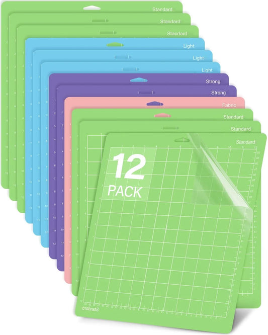 Gwybkq Cutting Mat 12 Pack 12x12, Compatible With Cricut Maker 4/Explore Air & Silhouette Sticky Pad Replacement Accessories, for Crafts Supplies (Standard/Light/Strong/Frabic)