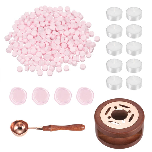 PATIKIL Wax Seal Kit, 300 Pcs Wax Sealing Beads, Wooden Warmer, Melted Spoon, 10 Pcs Tealight Candles for Envelope Letter Mailing Crafts DIY, Cherry Pink