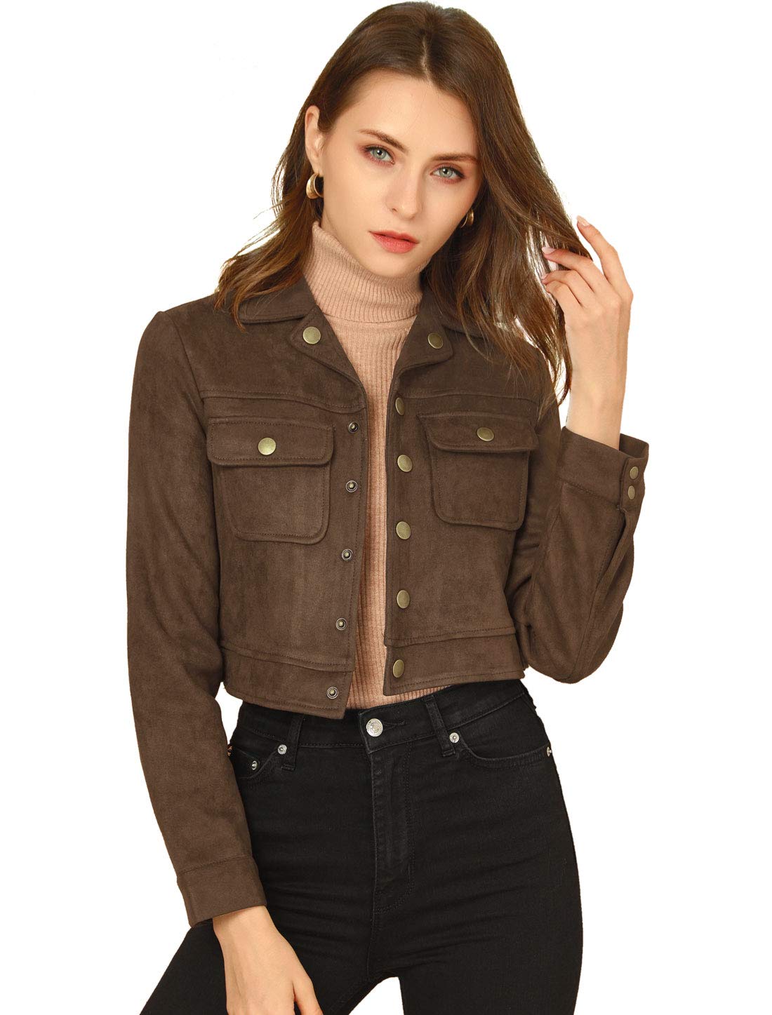Allegra K Women's Casual Faux Suede Notched Collar Button Up Cropped Jacket with Pockets Small Coffee