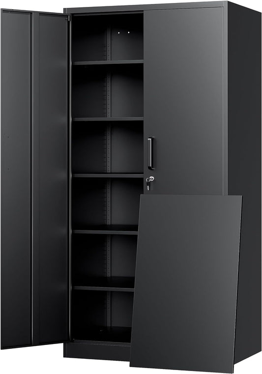 Yizosh Metal Storage Cabinet - 72" Lockable Garage Cabinet with 2 Doors & 5 Adjustable Shelves, Black Steel
