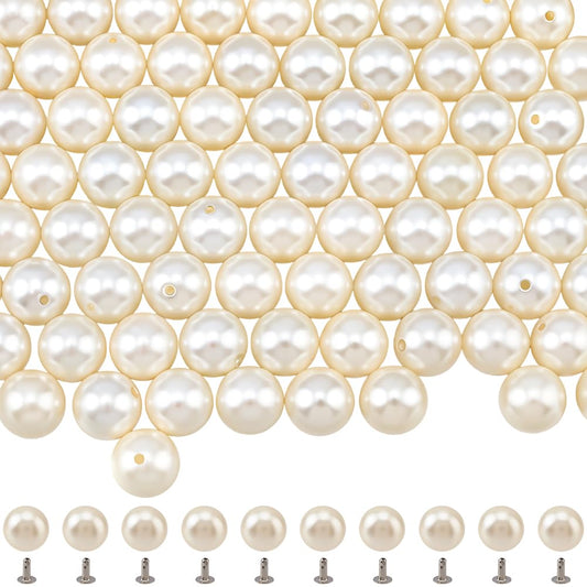 CALFOVERA 10mm Round Half Hole Pearl Rivet Studs 180PCS Leather Pearl Bead Rivet Buttons Spikes with Iron Findings for DIY Leather Clothing Craft Belts Hand Bags Hat Shoes Accessories