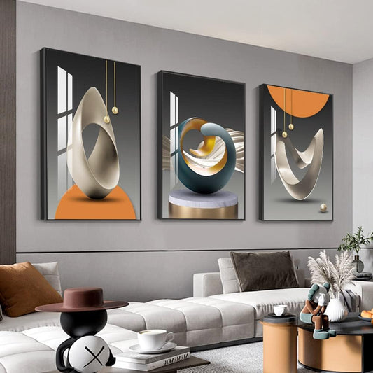 MPLONG Bright Style Large Framed Wall Art, Abstract Modern Art Shape Pattern White Blue Yellow Grey Wall Art Artfully Matching Living Room Bedroom Office Wall Decor - 24"x 32"x 3 Panels