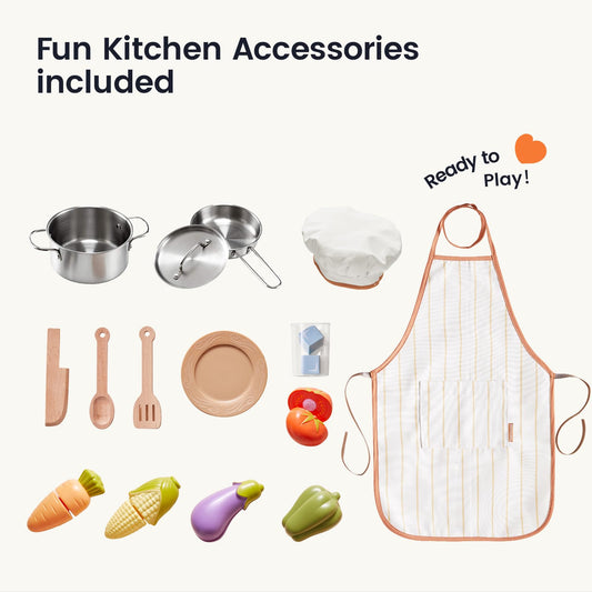 Tiny Land Play Kitchen for Kids, Wooden Farmhouse Kitchen Playset Chef Pretend Play Set for Toddlers w/Real Lights & Sounds, Toys Kitchen with 18 Pcs Toy Food & Cookware Accessories, Sage Green