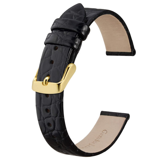 BISONSTRAP Watch Straps for Women, Crocodile Pattern Leather Thin Watch Replacement Bands,8mm, Black with Gold Buckle
