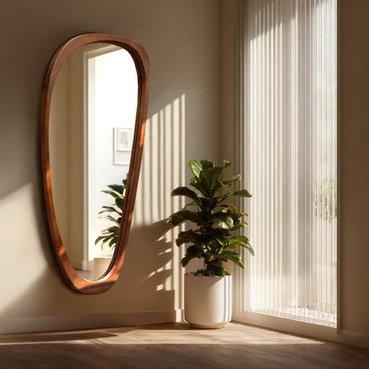 Inbenioso 22‘’x48'' Asymmetrical Mirror with Wood Frame, Small Irregular Wall Odd Shaped Mid Century Modern Mirror Christmas Decor for Bedroom Living Room Entryway Hall (Wood)