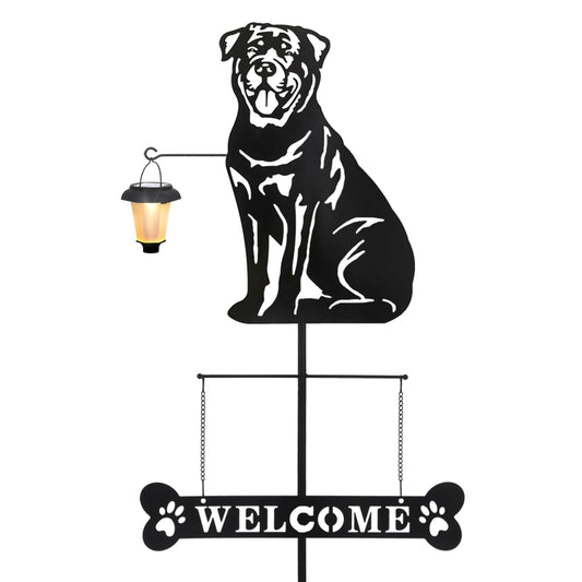 BAYN Solar Rottweiler Silhouette Dog Breed Welcome Sign with a Lantern Outdoor Decorative Garden Stakes for Yard, Lawn, Patio, Pathway