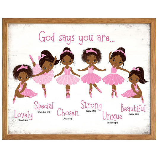 Black Afro African American Girl 11x14 FRAMED - God Says Christian Bible Verses Wall Art, Religious Room Decor, Toddler Little Girls Bedroom Decor, Pink Ballerina Baby Room Decorations, Daughter Gifts