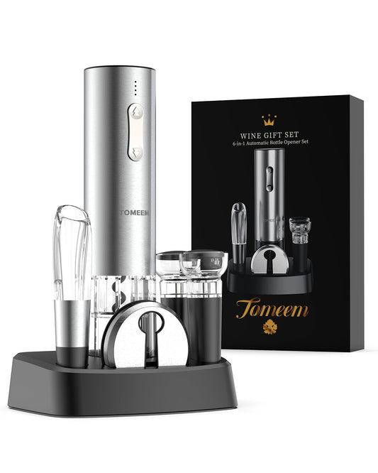 Rechargeable Electric Wine Gift Set - Aerator, Vacuum Stoppers, Foil Cutter and Bottle Opener for Home Bar and Outdoor Parties (Silver, Wine Opener Set)