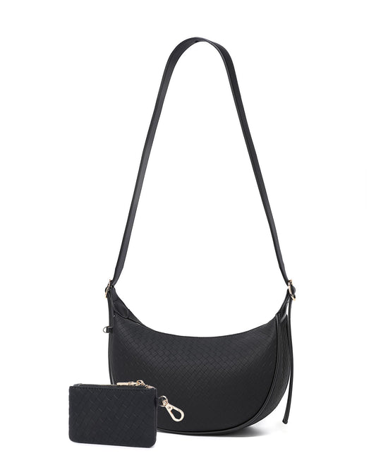 Purses for Women Woven Crescent Shoulder Bag 2PC Vegan Leather Hobo Crossbody Handbag with Small Matching Bag