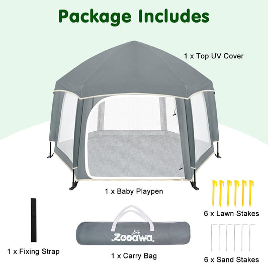 Zooawa Pop Up Playpen for Baby, 150*100 cm(L*H) Playpen for Babies and Toddlers with Removable Sun-Shades& 2 Side UV Covers, Lightweight Outdoor Baby Play pen for Beach Home with Travel Bag,Light Gray