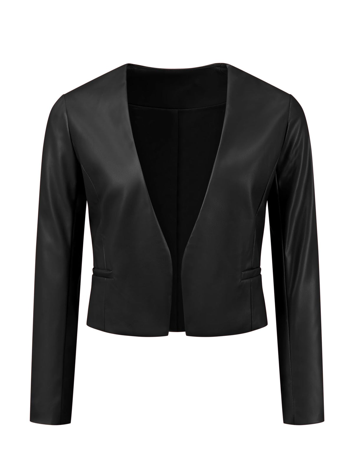 Allegra K Faux Leather Jacket for Women's Collarless Open Front Crop PU Moto Biker Jackets Medium Black