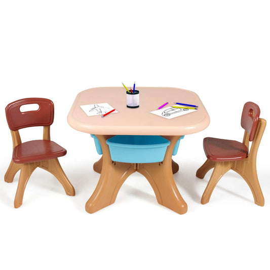 Costzon Kids Table and Chairs, 3 PCS Activity Desk Set w/ 4 Detachable Storage Bins for Indoor Outdoor Play Art Crafts Picnic Patio, Lightweight Toddler Table and Chair Set (Coffee & Blue)