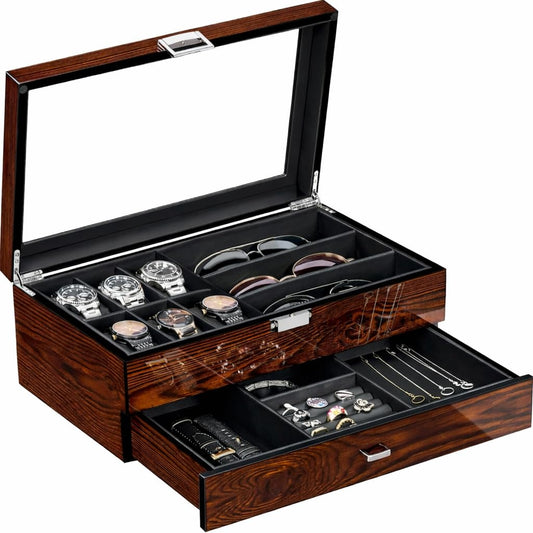 BEWISHOME Men's Wooden Jewelry Box Organizer, 6 Watch and 3 Sunglasses Organizer for Men, Wood Watch Display Case with Glass Lid and PU Leather Interior