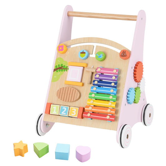 INFANS Wooden Baby Walker, Montessori Walker with Multiple Activity Toys, Storage, Push Walker Toys for Infant Learning to Walk, Sit to Stand Walker for Boys Girls