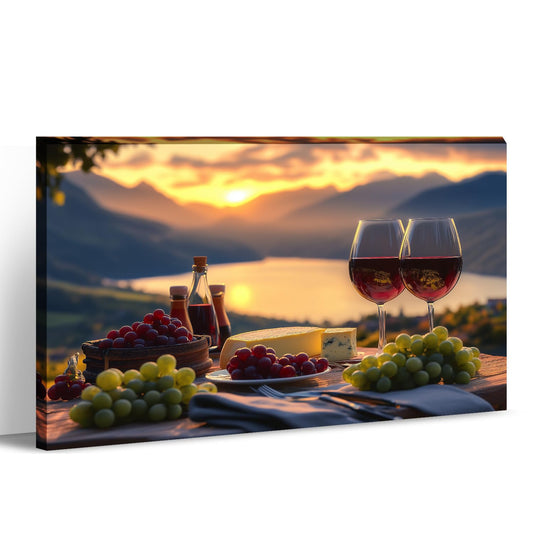 LYUNSHUO Kitchen Canvas Wall Art Wine Picture Decor Fruit Goblet Painting Prints Lakeside Sunset Landscape Romantic Poster Bar Restaurant Home Decoration Framed Ready to Hang(Art-3,12.00"x18.00")