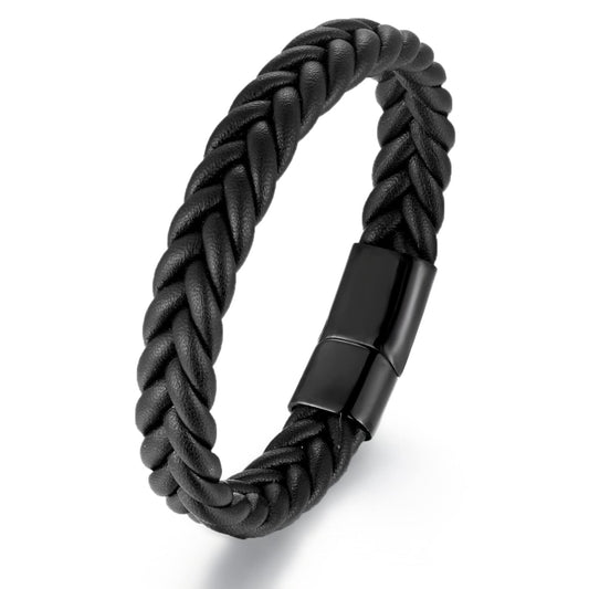 BIYONGDE Handmade Black Braided Leather Bracelet, Black Stainless Steel Clasp, Mens Cool Classic Stylish