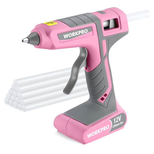 WORKPRO Full Size Cordless Hot Melt Glue Gun - 12V Rechargeable Fast Preheating Glue Gun Kit with 15pcs Full Size Glue Sticks, Auto Power-off Glue Gun for DIY Project, Art, Craft - Pink Ribbon
