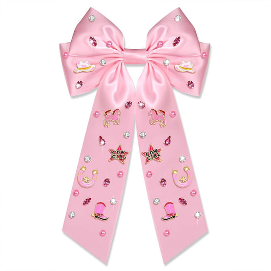 Skiennix Western Hair Bows - Jeweled Cowgirl Clips for Women | Big Pink Hair Accessories