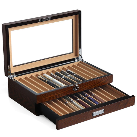 Bonaking Pen Display With 24 Slots, Wood Storage Organizer, Glass Window Box for Men Gift (Brown Ash Veneer Finish, Camel Velvet)