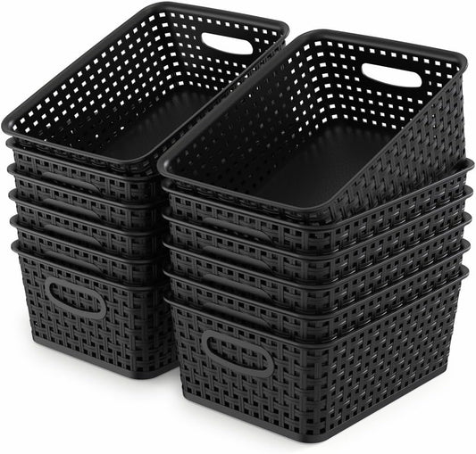 WYT Plastic Small Shelf Storage Baskets - 12-Pack Weave Design for Organizing | Black