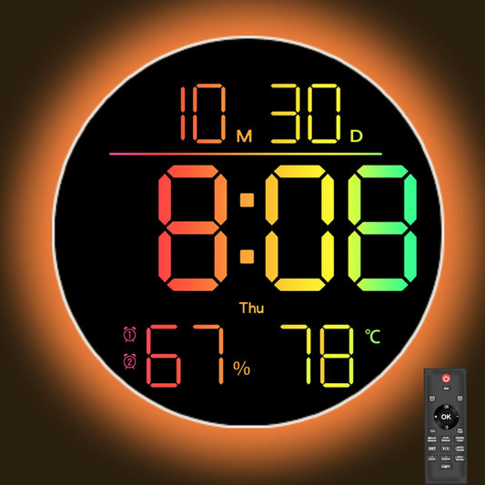 QINFIEY 10 Inch LED Wall Clock with RGB Ambient Light, Auto-Dimming, RGB Color/Time/Date/Temp/Humidity Display, Dual Alarms & Timer, Adjustment Brightness,Digital Round Clock for Bedroom Classroom