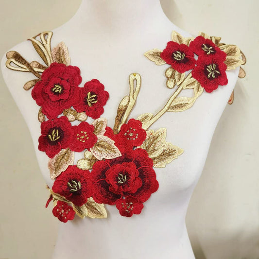 2pcs Beautiful Embroidered Flower Sewing On Patches Accessories Repair Decoration Appliques (Red A)