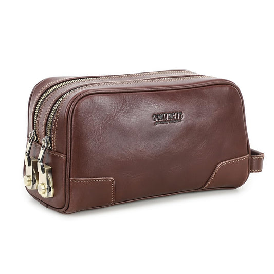CONTACTS Full Grain Leather Toiletry Bag with Lock for Men Travel Bag Shaving Dopp Kit Organizer Clutch with Handle and Double Combination Lock