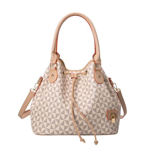 Printed Pattern Shoulder Bags for Women, Large Roomy Drawstring Handbag, Trendy Top Handle Satchel Hobo Purse (Beige)