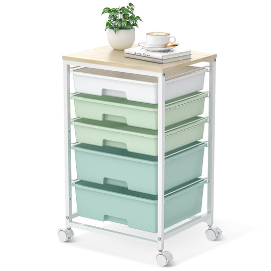 SYKIARIOL Utility Cart with 5 Drawers,Storage Cart with Wooden Tabletop and Lockable Wheels,Craft Storage Trolley Organizer,5-Tier Rolling Utility on Wheels,Light Green