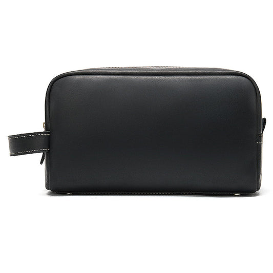 Full Grain Genuine Leather Zipped Travel Toiletry Bag for Women Men Ladies Clutch Purse Wallet Shaving Bag Cosmetic Bag Dopp Kit Wristlet Organizer Holder Wrist Bag Pack Business Handbag Black