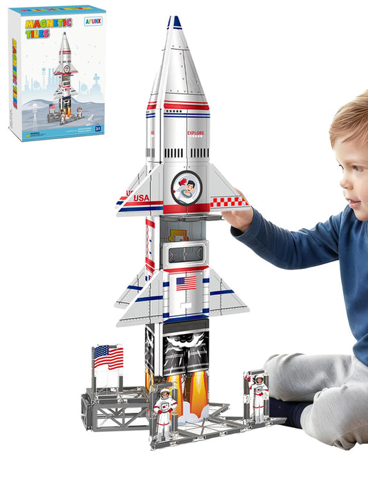 AFUNX Magnetic Tiles Space Rocket Set,46 PCS Magnetic Building Blocks for Kids 3+, STEM Learning Toys, Safe & Durable Creative Construction Play, Gift for Boys & Girls