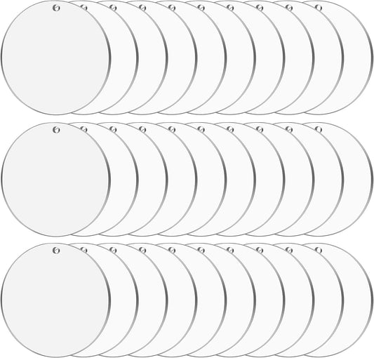 Cludoo 3.5 Inch Acrylic Ornaments Blanks, 30pcs Clear Round Acrylic Ornament Blanks, Acrylic Circle Disc Ornament Blanks with Hole for Vinyl, Christmas Decor, Engraving, Painting, and DIY Crafting