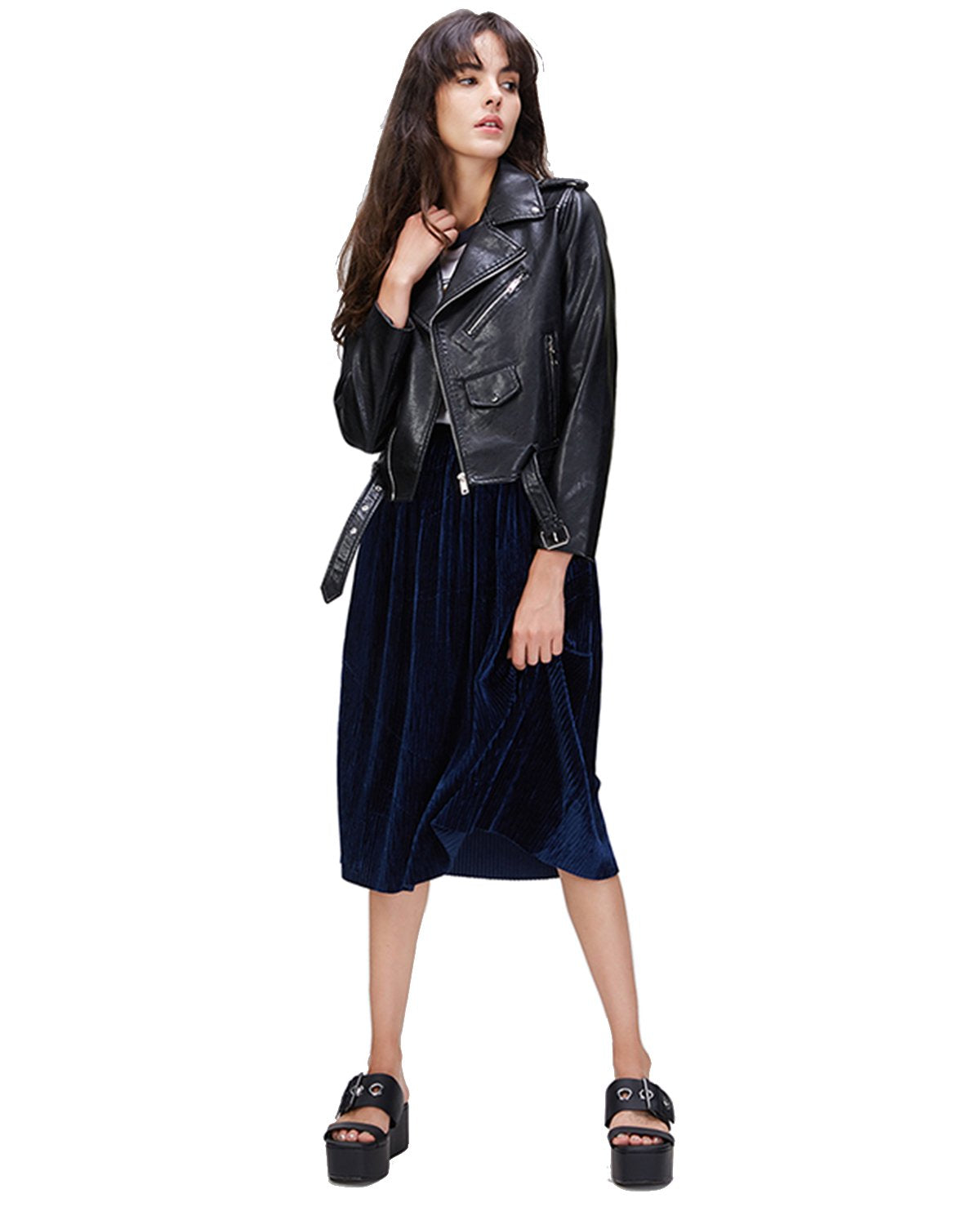 LY VAREY LIN Women's Faux Leather Motorcycle Jacket PU Slim Short Biker Coat (L, Black)