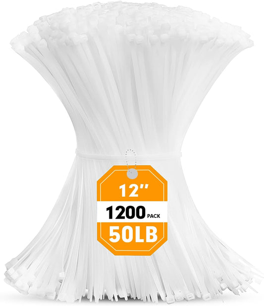 1200pcs 12 Inch, 50lb Zip Ties, RAZCC Cable Zip Ties Heavy Duty White Plastic Wire Ties with Tensile Strength