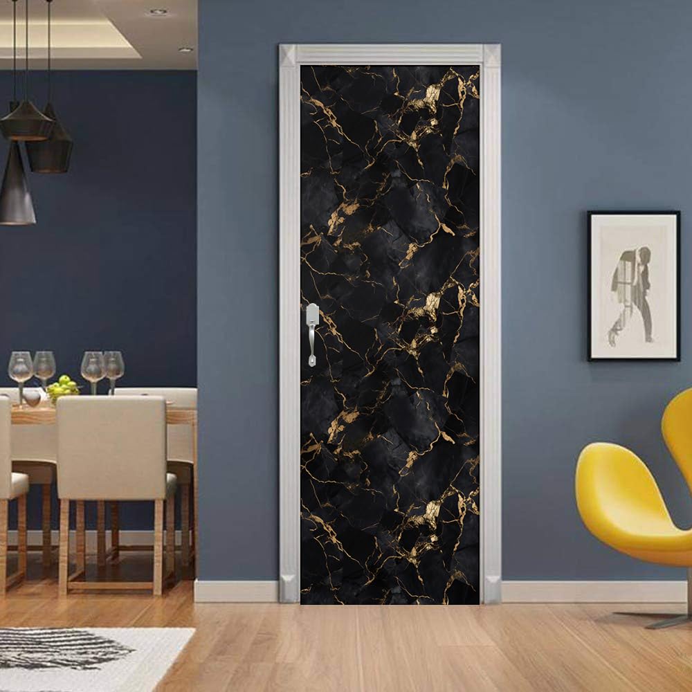 REDAMANCY Modern Black Gold Marble Abstract Peel and Stick Door Stickers Vinyl Mural Decals Decor Modern Wallpaper Self-Adhesive, Waterproof, Removable