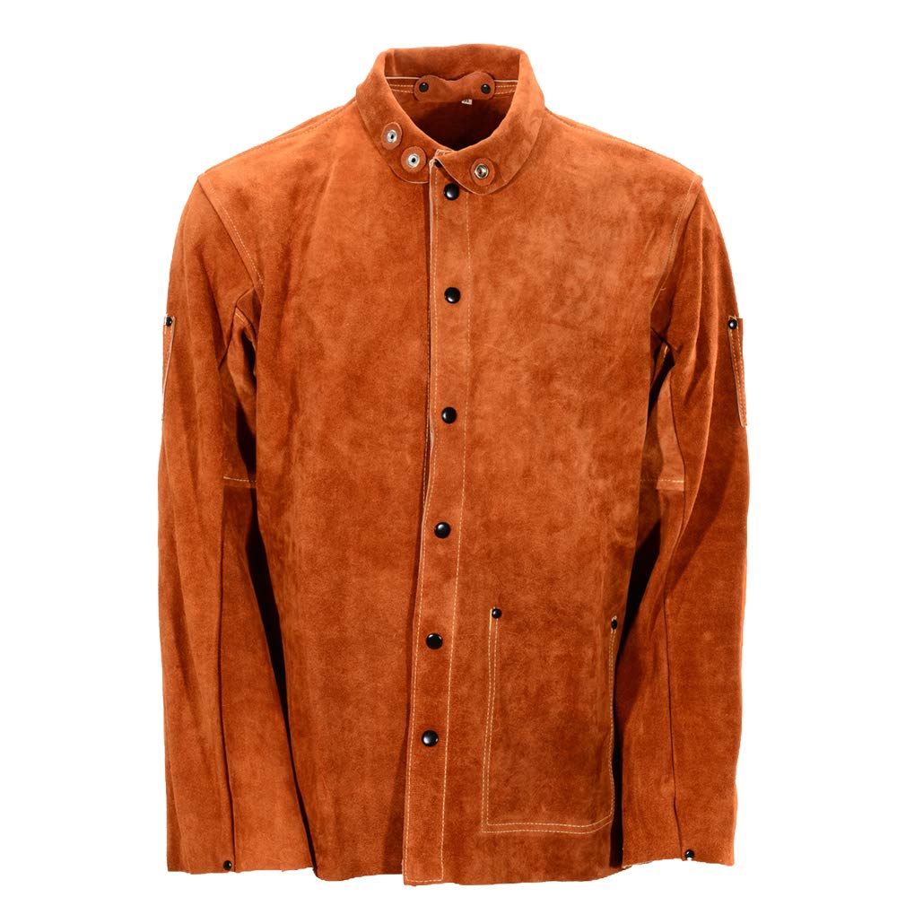 Leather Welding Work Jacket by QeeLink - Flame-Resistant Heavy Duty Split Cowhide Leather (Medium)