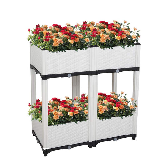 Planter Raised Beds Kits Set of 4, Plastic Elevated Garden beds with Brackets for Flowers Vegetables, Outdoor Indoor Planting Box Container for Garden Patio Balcony Restaurant, Easy Assembly (White)