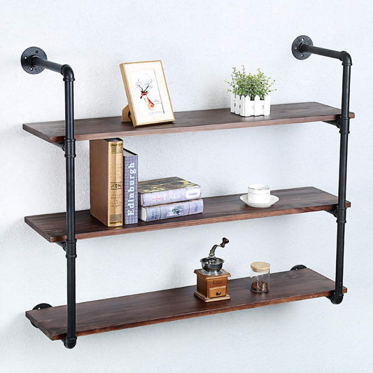 Industrial Pipe Shelving Wall Mounted,42in Rustic Metal Floating Shelves,Steampunk Real Wood Book Shelves,Wall Shelf Unit Bookshelf Hanging Wall Shelves,Farmhouse Kitchen Bar Shelving(3 Tier)