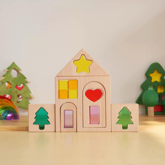 KOAICS 45PCS Wooden Acrylic Building Blocks Set with Tray, Include Colorful Acrylic Shapes Stars,Sun,Clouds, Trees, Heart, Educational Construction Toy for Kids (Farm House)